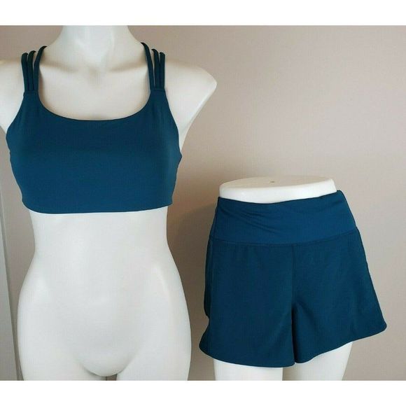 Athleta Dark Teal Strappy Bra Top Lined Shorts Set M Top L Bottoms EUC - Picture 2 of 3